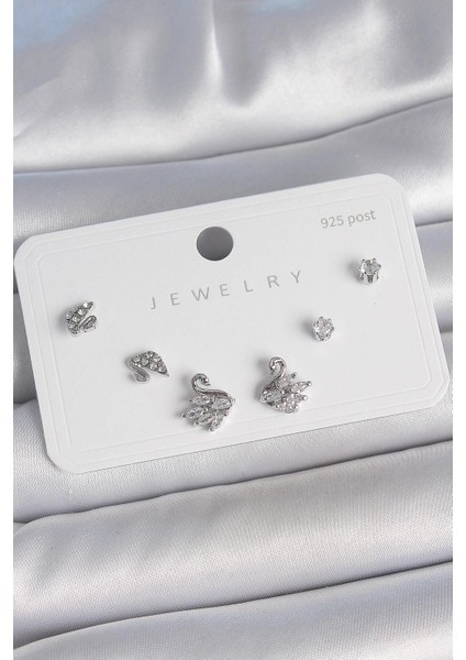 Pirinç Gümüş Renk Zirkon Taşlı Kuğu Model 925 Ayar Gümüş Çivi Kadın Küpe Seti - PRT3500EB05404