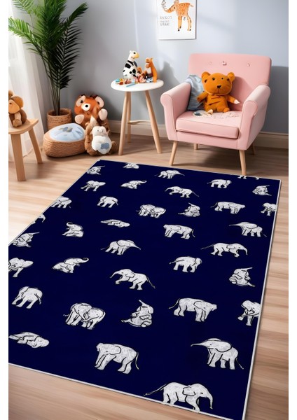 Makinede Yıkanabilir Fil Figürlü Kaymaz Taban Leke Tutmaz Salon Halısı Çocuk Halısı ve Kesme Yolluk