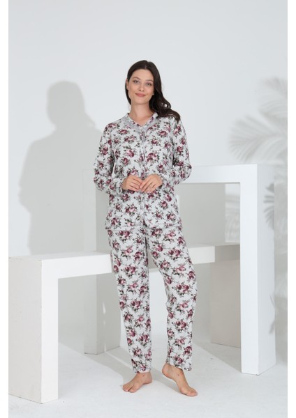 Angelique %100 Pamuk Uzun Kol Boydan Düğmeli Kadın Pijama Takımı 21514