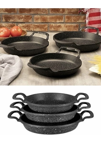 3’lü Döküm Sahan Tava Seti, Siyah Granit, 22CM, 20CM, 18CM
