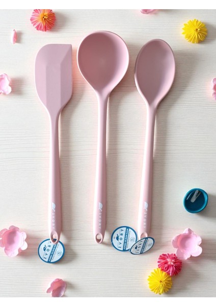 3'lü Silikon 35 cm Spatula Kepçe ve Kaşık Takım Pembe Renk