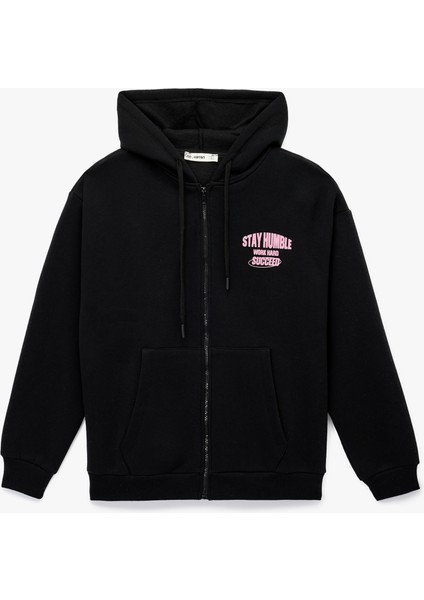 Arkası Baskılı Uzun Kollu Fermuarlı Kapüşonlu Şardonlu Oversize Sweatshirt