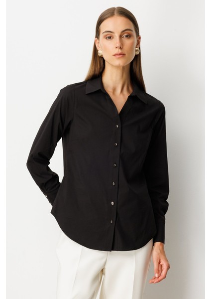 Kadın Polo Yaka Pamuklu Gömlek 3049 Siyah