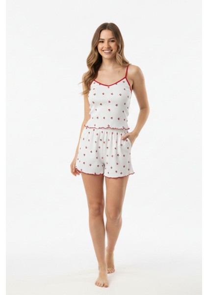 Beyaz Kiraz Desenli Kadın Pijama Takımı 3415