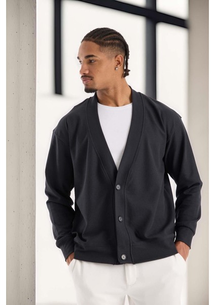 Potter Dokulu Selanik Kumaş Oversize Basic 3 Düğmeli Erkek Hırka - Füme