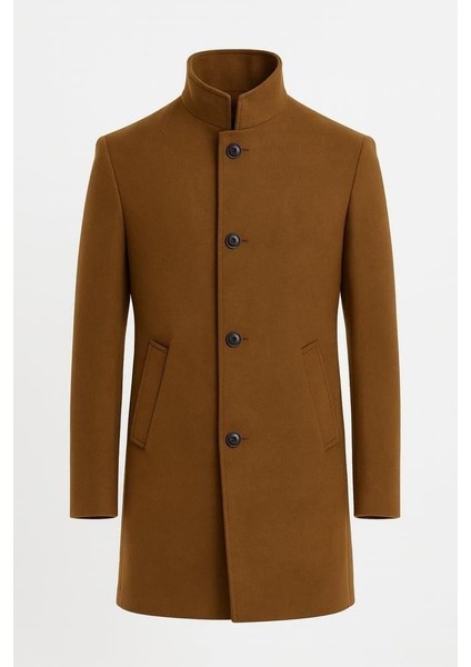 Bertolucci Dik Yaka Fit Kalıp Fileto Cepli Erkek Kaşe Kaban - Camel