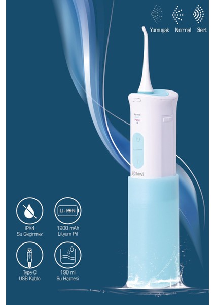 Taşınabilir Ağız Duşu 3 Mod LED Göstergeli 190 ml Şarjlı Beyaz Mavi Sert Plastik Gövde modelleri