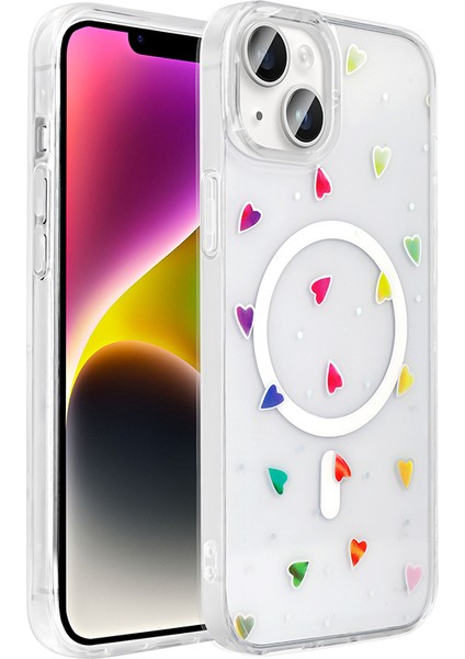 iPhone 15 Plus Kılıf M-Safe Şarj Özellikli Şeffaf Zore Folk Sert Kapak - Kalp