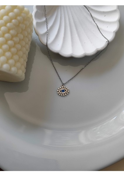 Nazar Boncuklu Göz Detaylı Gümüş Renk Kolye Paslanmaz Celik