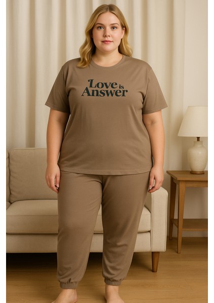 Kadın Büyük Beden Pijama Takımı Kahv-Lov-Ans