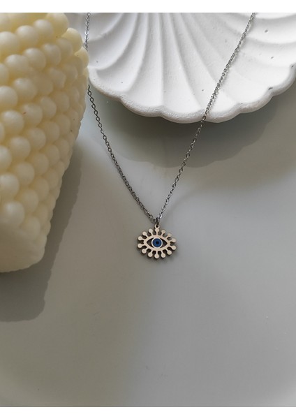 Nazar Boncuklu Göz Detaylı Gümüş Renk Kolye Paslanmaz Celik modelleri