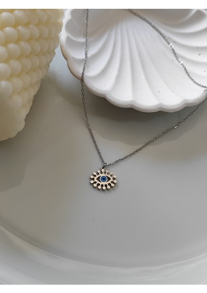 Nazar Boncuklu Göz Detaylı Gümüş Renk Kolye Paslanmaz Celik fırsatları