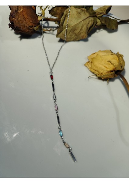 Y Kolye Renkli Taşlı Paslanmaz Celik