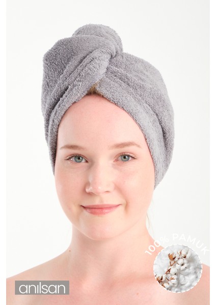 %100 Pamuk Gri Havlu Bone Saç Kurutma Bonesi Kafa Havlusu Duş Banyo Bonesi Islak Saç Kurulama Bone