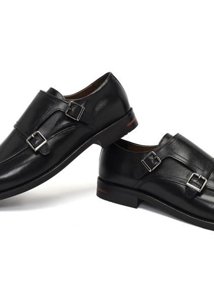 Erkek Siyah Çift Tokalı Deri Klasik Ayakkabı 25WFD603418