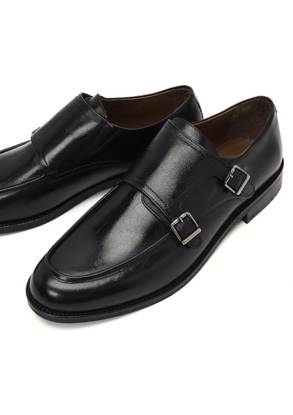 Erkek Siyah Çift Tokalı Deri Klasik Ayakkabı 25WFD603418