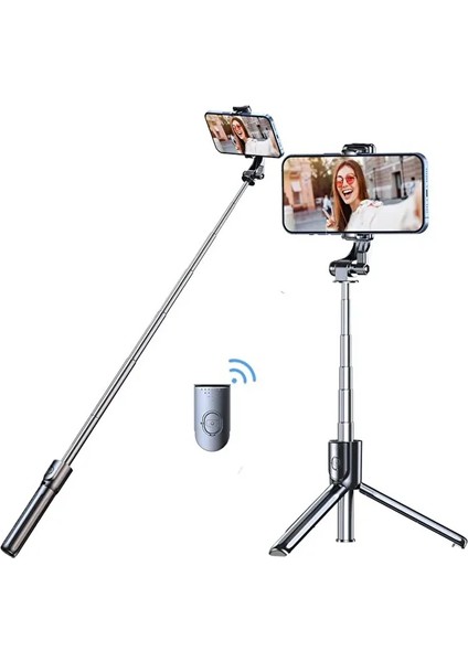 Selfie Çubuğu + Tripod 3’ü 1 Arada – Uzayabilir Teleskopik Gövde, 360° Telefon Tutucu, Dikey/yatay Kullanım modelleri