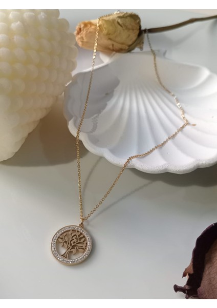 Yaşam Ağacı Kolye Taşli Gold Paslanmaz Celik