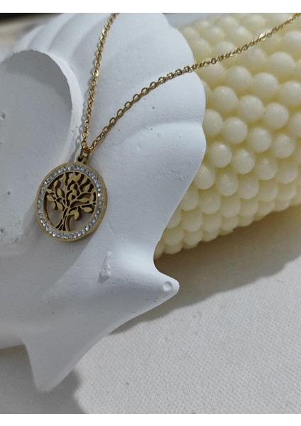 Yaşam Ağacı Kolye Taşli Gold Paslanmaz Celik