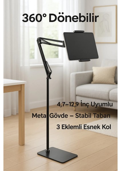 360° Döner Zemin Ayaklı Tablet/telefon Standı – 4,7–12,9 Inç'' Uyumlu, 3 Eklemli Metal Kol, Stabil Taban