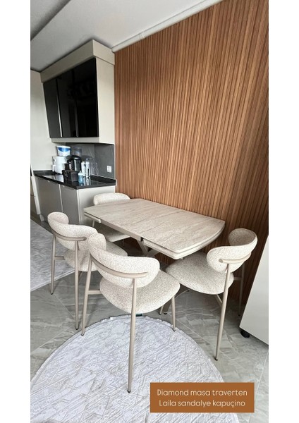 Diamond Açılır Masa Takımı – Traverten Desen Kapuçino Metal Ayak, 4 Sandalyeli, 80X120/180 cm fiyatları