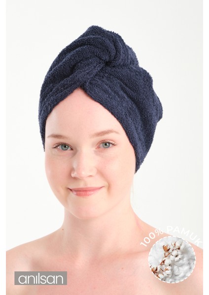 %100 Pamuk Lacivert Havlu Bone Saç Kurutma Bonesi Kafa Havlusu Duş Banyo Bonesi Islak Saç Kurulama Bone