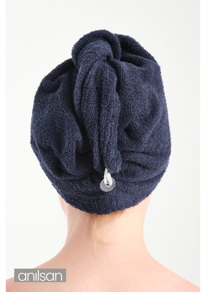 %100 Pamuk Lacivert Havlu Bone Saç Kurutma Bonesi Kafa Havlusu Duş Banyo Bonesi Islak Saç Kurulama Bone