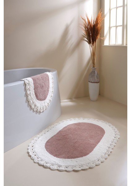 Bianca Desenli Krem Banyo Paspası Takımı %100 Pamuk El Dokuma Yumuşak Emici 40x60 ve 60x90 cm