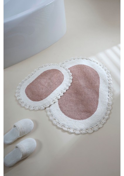 Bianca Desenli Krem Banyo Paspası Takımı %100 Pamuk El Dokuma Yumuşak Emici 40x60 ve 60x90 cm