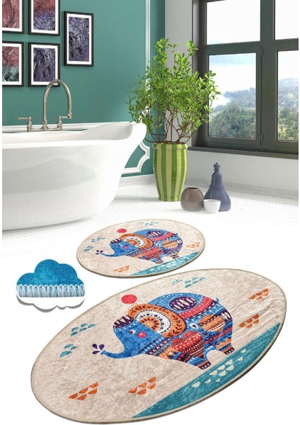 Banyo Klozet Takımı 2'li Set Kolay Temizlenebilir Fil Desenli Bej Mavi Turuncu Renk modelleri