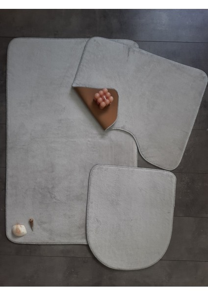 Ultrasoft Gümüş Gri 3’lü Düz Banyo ve Klozet Paspas Takımı Kaymaz Tabanlı Yıkanabilir