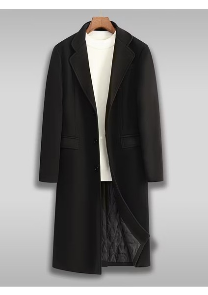 Erkek Siyah Dar Kesim Uzun Yün Karışımlı Kaşe Palto
