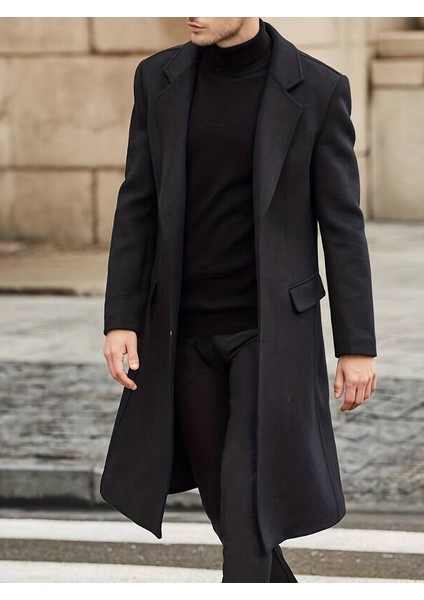 Erkek Siyah Dar Kesim Uzun Yün Karışımlı Kaşe Palto modelleri