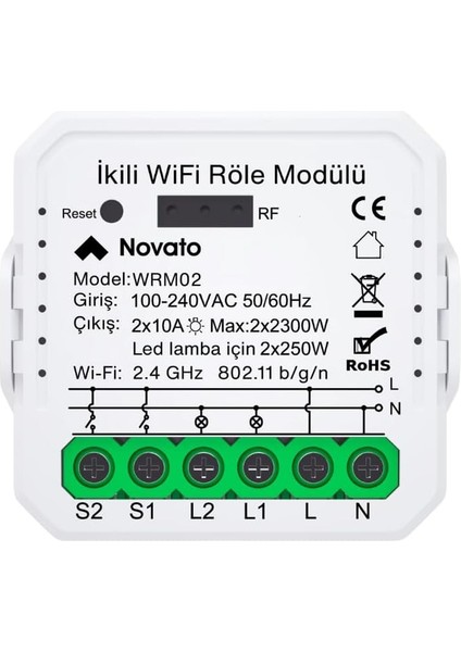 Tuya Uyumlu Akıllı Anahtar Modülü, Çift Çıkışlı, Anahtar Girişli, 2X10A - 220V Röle, Google Asistan ve Alexa Destekli