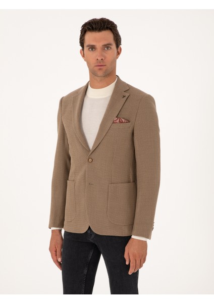Erkek Bej Slim Fit Yün Karışımlı Dokulu Ceket 50310768-VR011