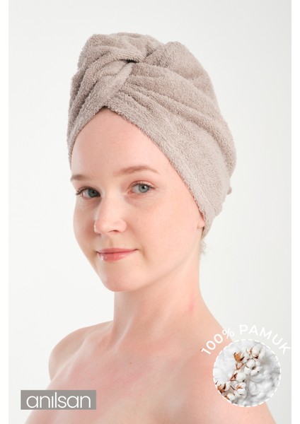 %100 Pamuk Bej Havlu Bone Saç Kurutma Bonesi Kafa Havlusu Duş Banyo Bonesi Islak Saç Kurulama Bone