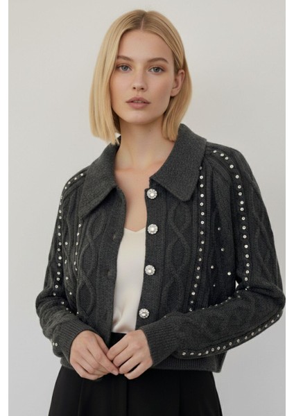 Antrasit Kadın Taş İşlemeli Örgü Hırka 7265