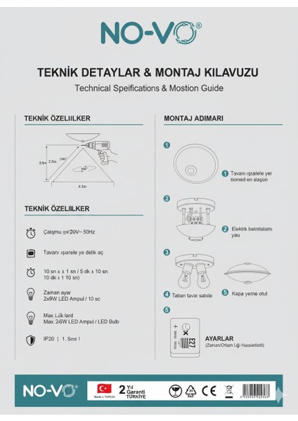360 Derece PS CAM Hareket Sensörlü Tavan Armatürü Kırılmaz modelleri