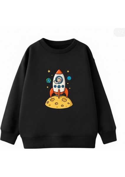 Erkek Çocuklar Için Uzay Roketi Baskılı Antrasit Sweatshirt