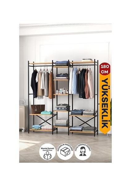 10 Raflı Metal Gardırop Metal Portmanto Açık Gardırop Elbise Dolabı Vestiyer Openix Çam