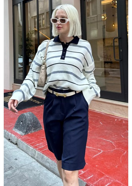 Kemik Rengi Çizgili Polo Yaka Kadın Kazak MG2476 fiyatları