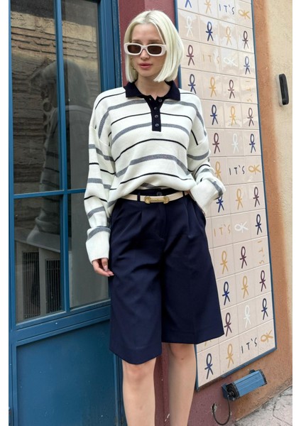 Kemik Rengi Çizgili Polo Yaka Kadın Kazak MG2476 modelleri