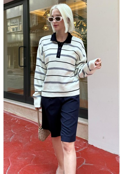 Kemik Rengi Çizgili Polo Yaka Kadın Kazak MG2476 fırsatları