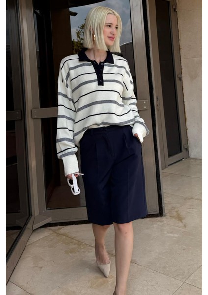 Kemik Rengi Çizgili Polo Yaka Kadın Kazak MG2476 indirimleri