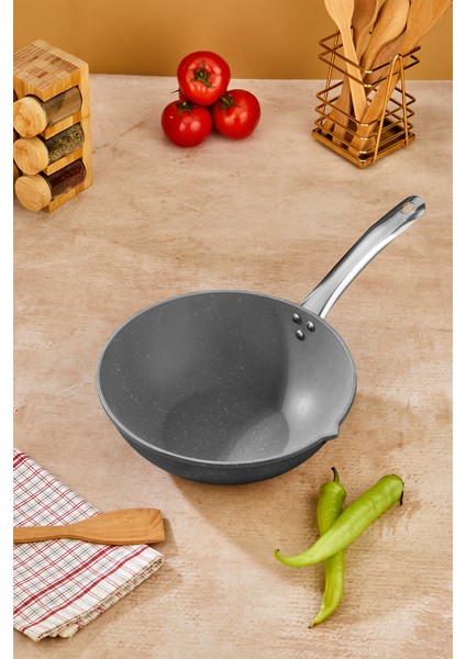Iron Döküm Granit Wok Tava 28 cm Metal Kulplu Gri
