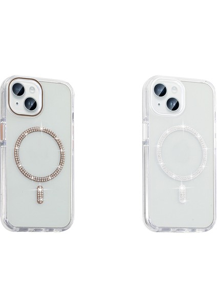 iPhone 14 Kılıf Taşlı Tasarım M-Safe Şarj Özellikli Zore Koment Silikon Kapak - Gümüş
