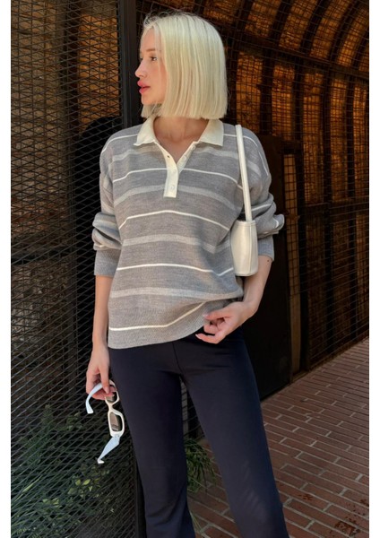 Gri Çizgili Polo Yaka Kadın Kazak MG2476