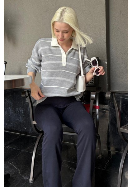 Gri Çizgili Polo Yaka Kadın Kazak MG2476 fiyatları