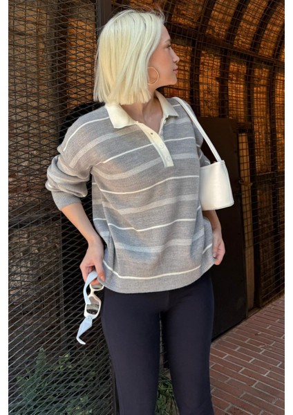 Gri Çizgili Polo Yaka Kadın Kazak MG2476 modelleri