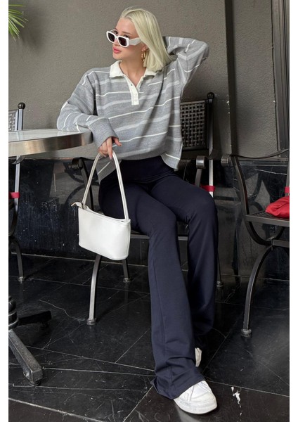 Gri Çizgili Polo Yaka Kadın Kazak MG2476 indirimleri